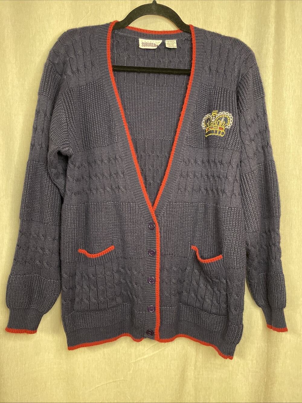 Country Suburban VTG Navy Cable-knit Small Cardigan/Crown Emblem/Buttons/Pockets